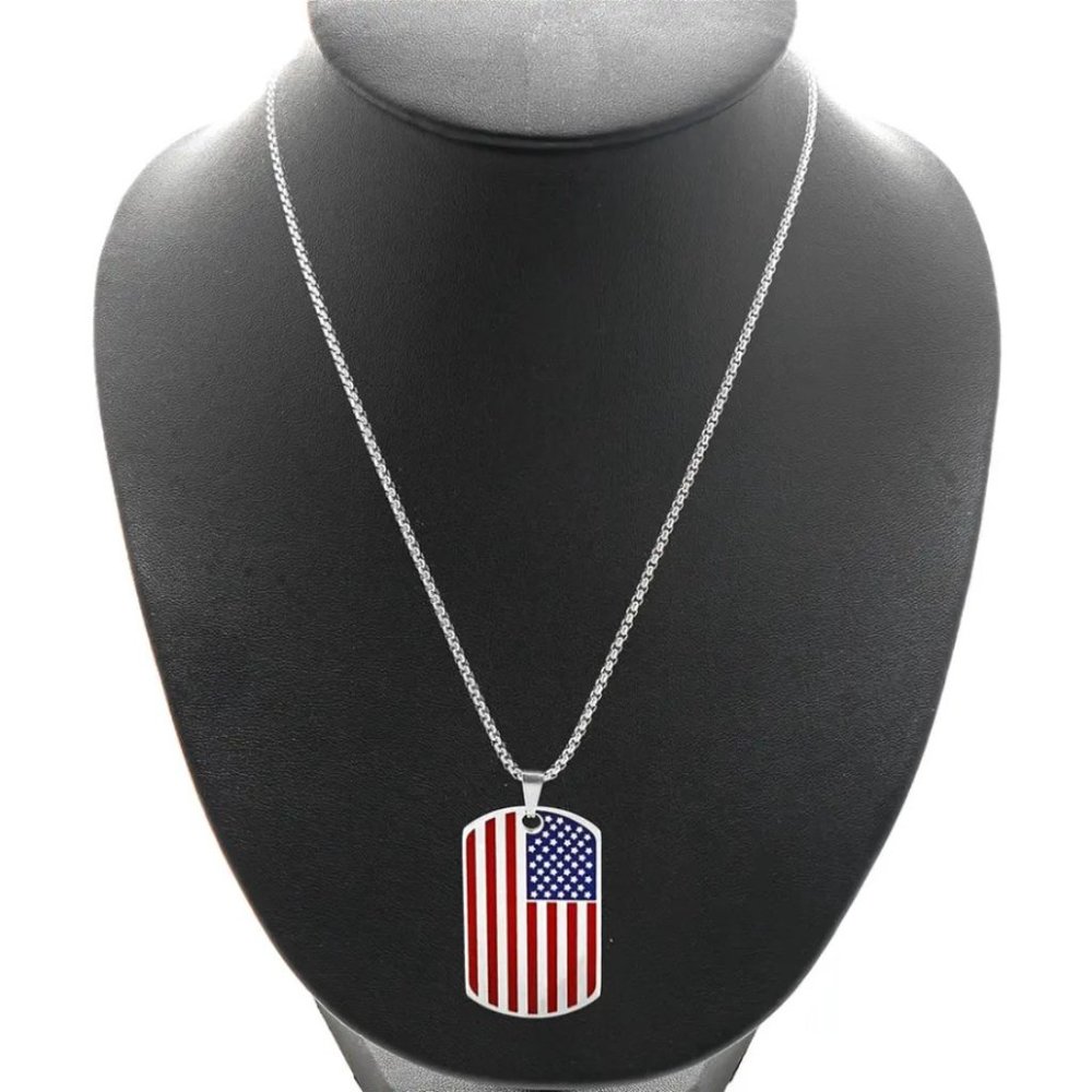 American Flag Dog Tag Necklace - Stainless‎ Steel - USA Veteran, Gift